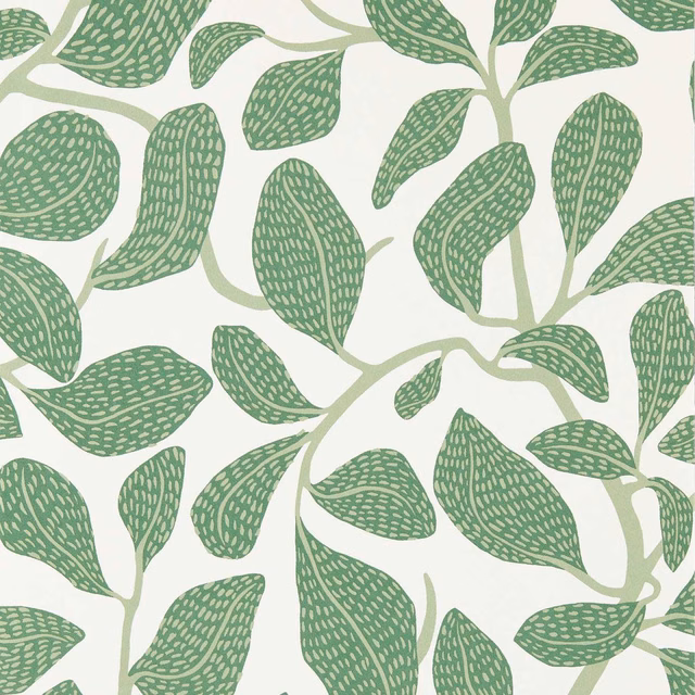 Muted sage-green leafy stems with pale dash-patterned veins on an ivory ground