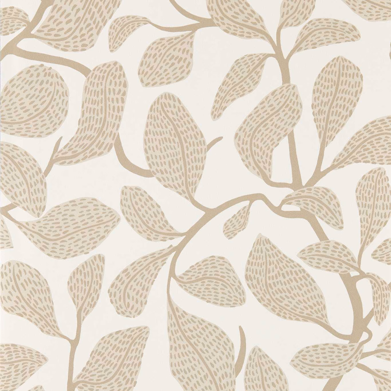 Warm ivory wallpaper with taupe branching leaves and delicate dotted foliage markings