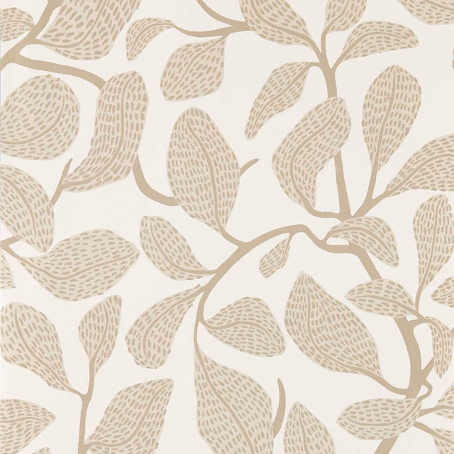 Warm ivory wallpaper with taupe branching leaves and delicate dotted foliage markings