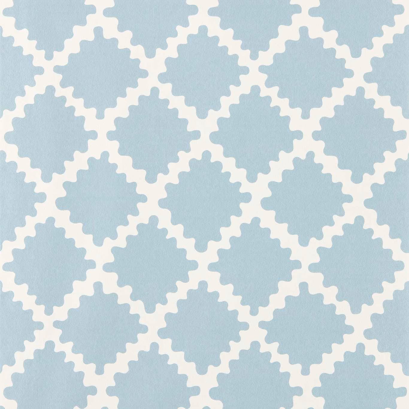 Powder blue wallpaper with ivory stepped geometric lattice and softly mottled surface