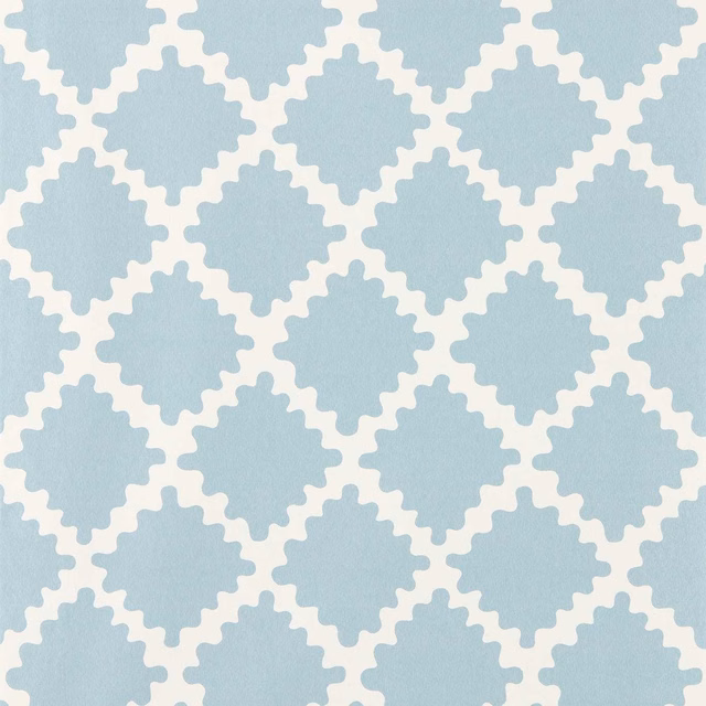 Powder blue wallpaper with ivory stepped geometric lattice and softly mottled surface