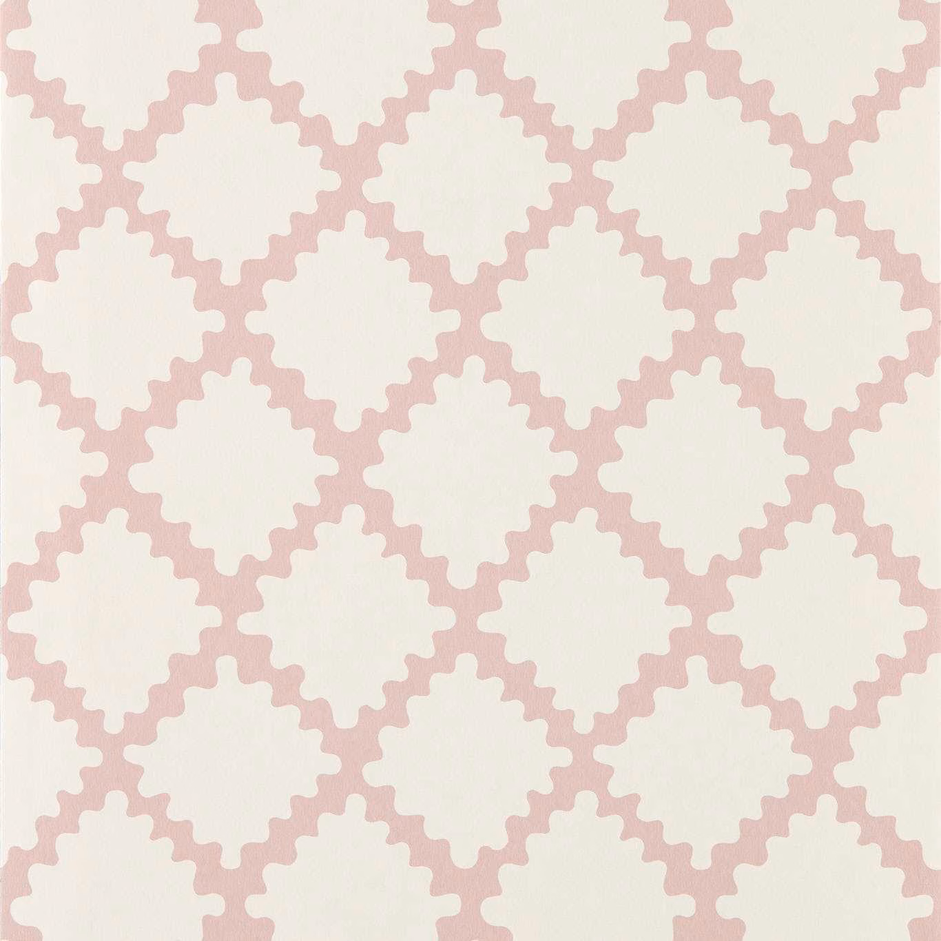 Dusty blush pink scalloped diamond trellis on a warm cream wallpaper ground