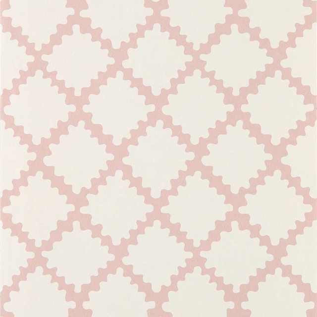 Dusty blush pink scalloped diamond trellis on a warm cream wallpaper ground