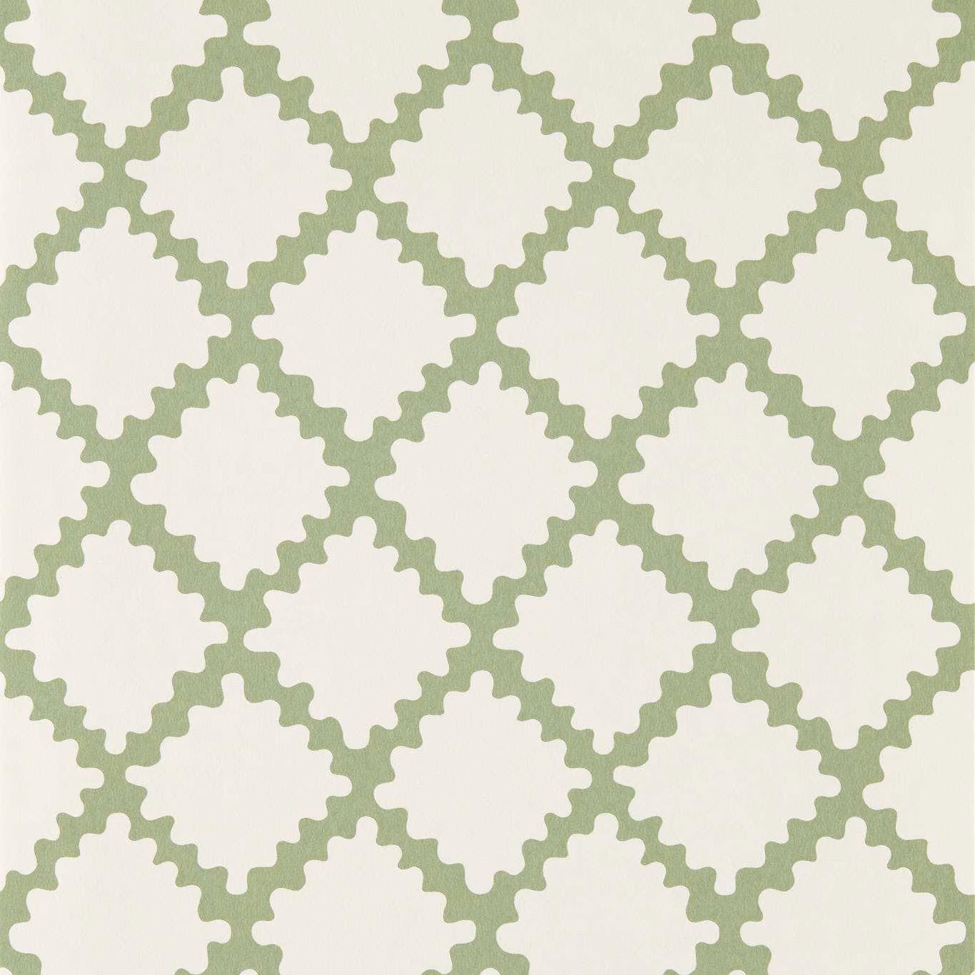 Soft sage green scalloped diamond lattice on an ivory wallpaper ground
