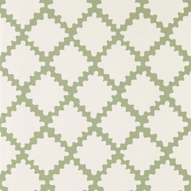 Soft sage green scalloped diamond lattice on an ivory wallpaper ground