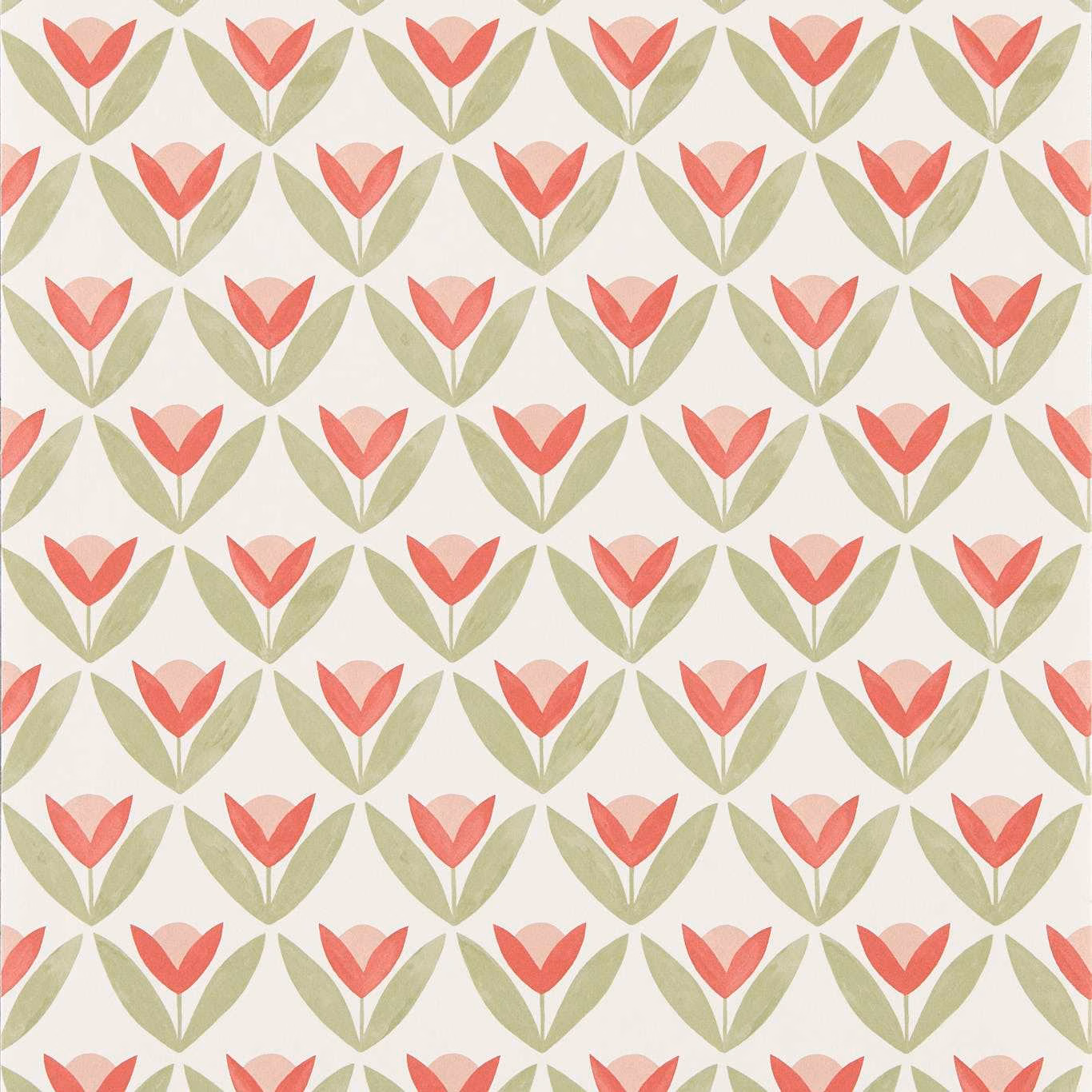 Coral tulip motifs with sage leaves in ordered rows on cream wallpaper