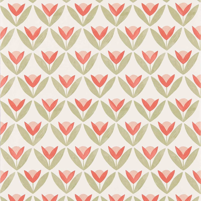 Coral tulip motifs with sage leaves in ordered rows on cream wallpaper