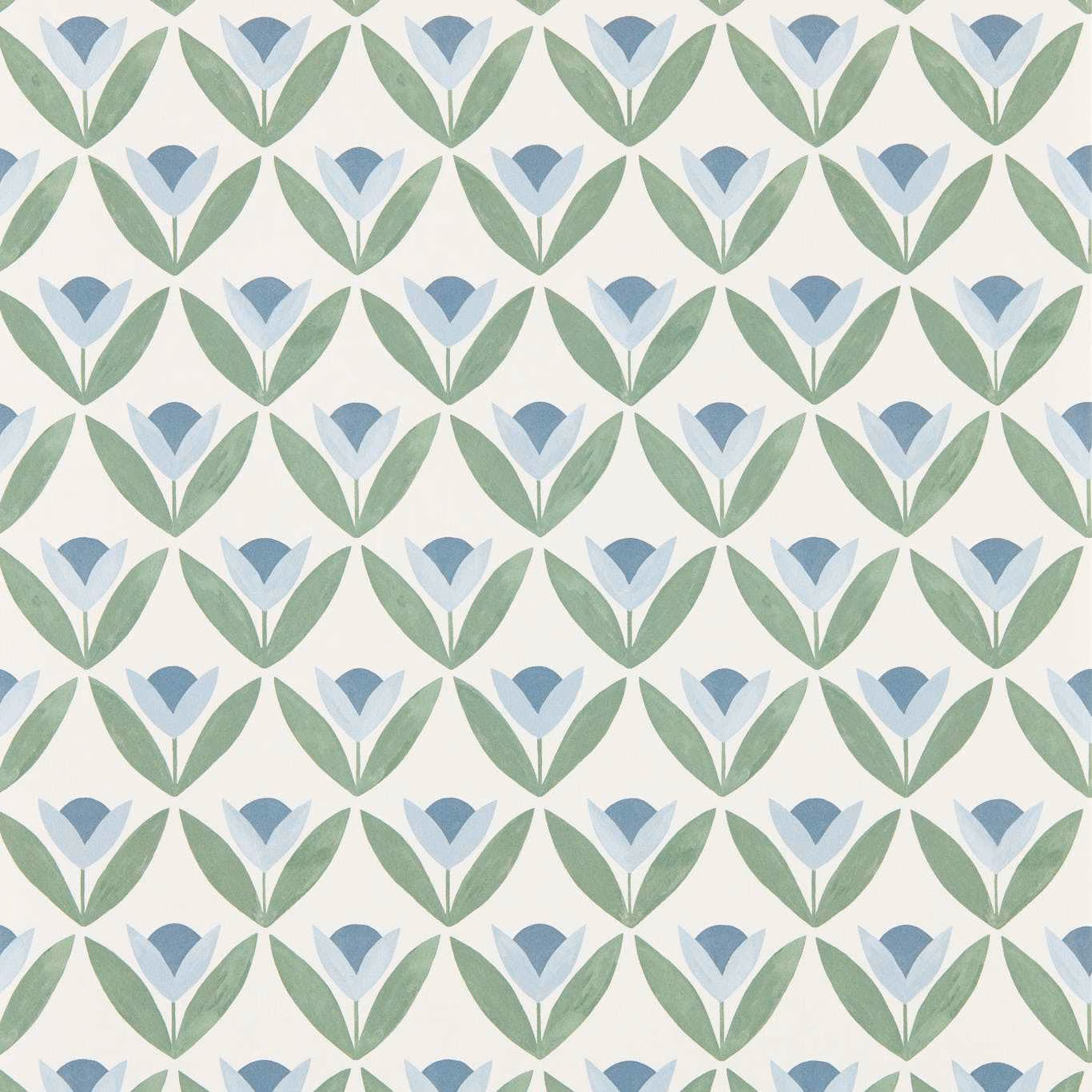 Dusty blue tulips and sage leaves repeat over a soft cream wallpaper ground