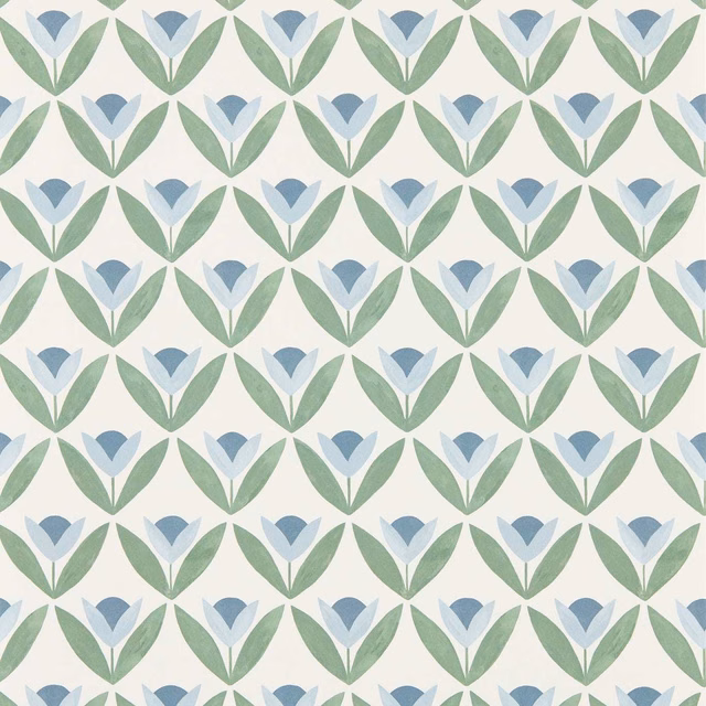 Dusty blue tulips and sage leaves repeat over a soft cream wallpaper ground