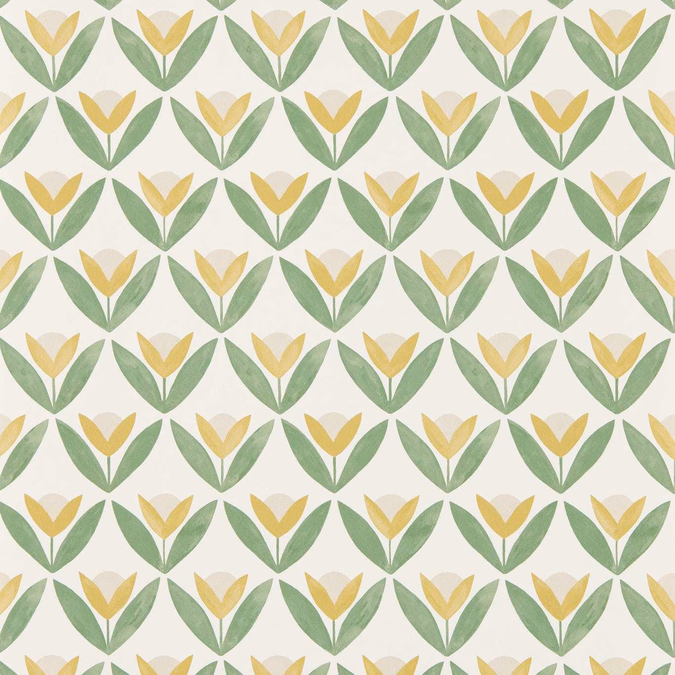 Honey-yellow tulips and sage-green leaves repeat across a soft ivory wallpaper ground