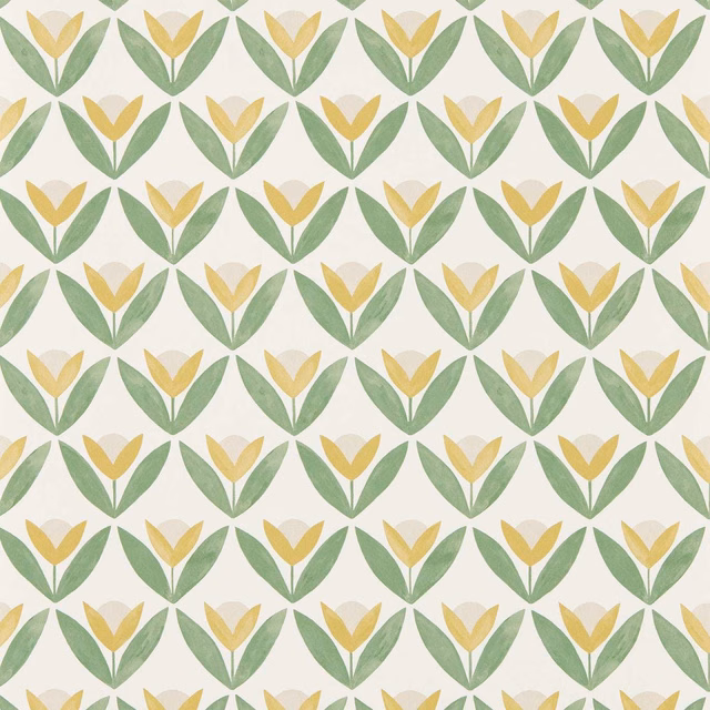 Honey-yellow tulips and sage-green leaves repeat across a soft ivory wallpaper ground