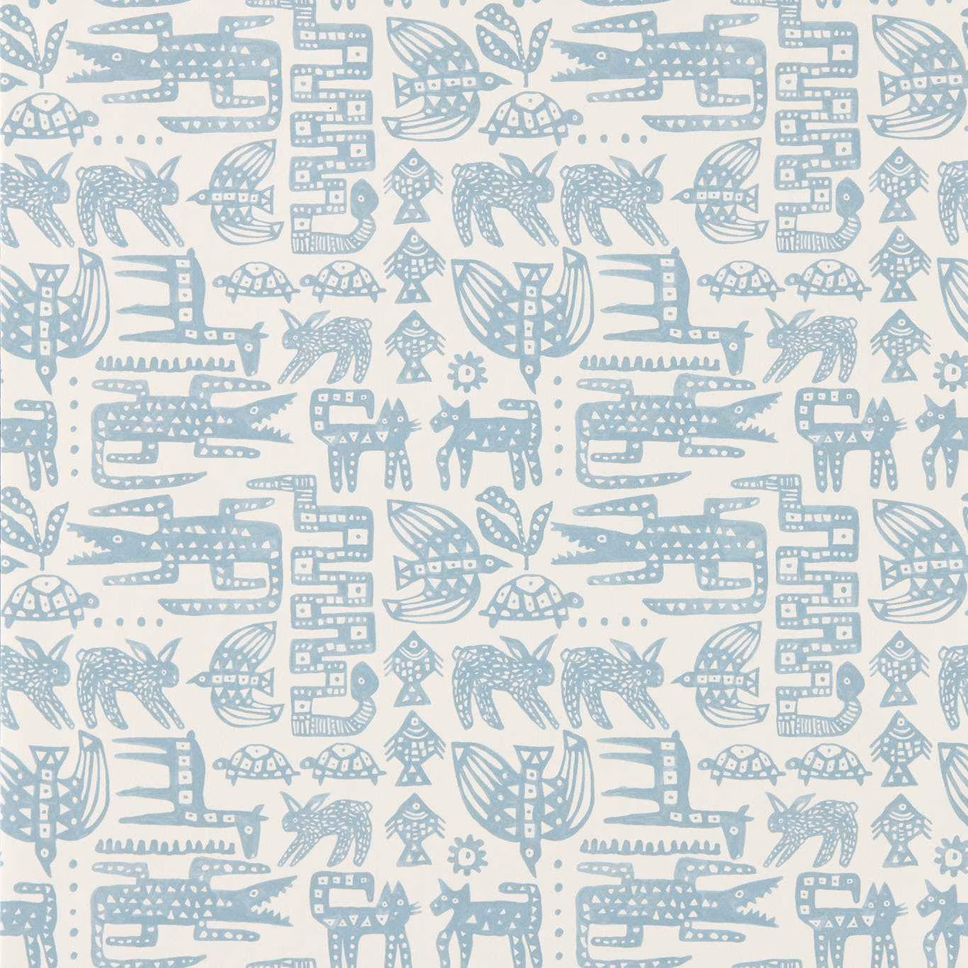 Muted powder-blue animal motifs and geometric forms on a cream wallpaper ground
