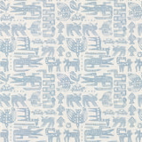 Muted powder-blue animal motifs and geometric forms on a cream wallpaper ground