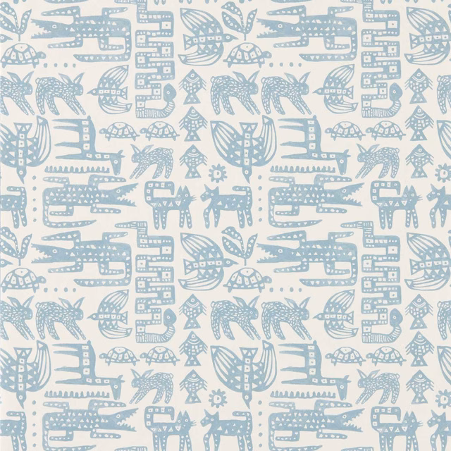 Muted powder-blue animal motifs and geometric forms on a cream wallpaper ground