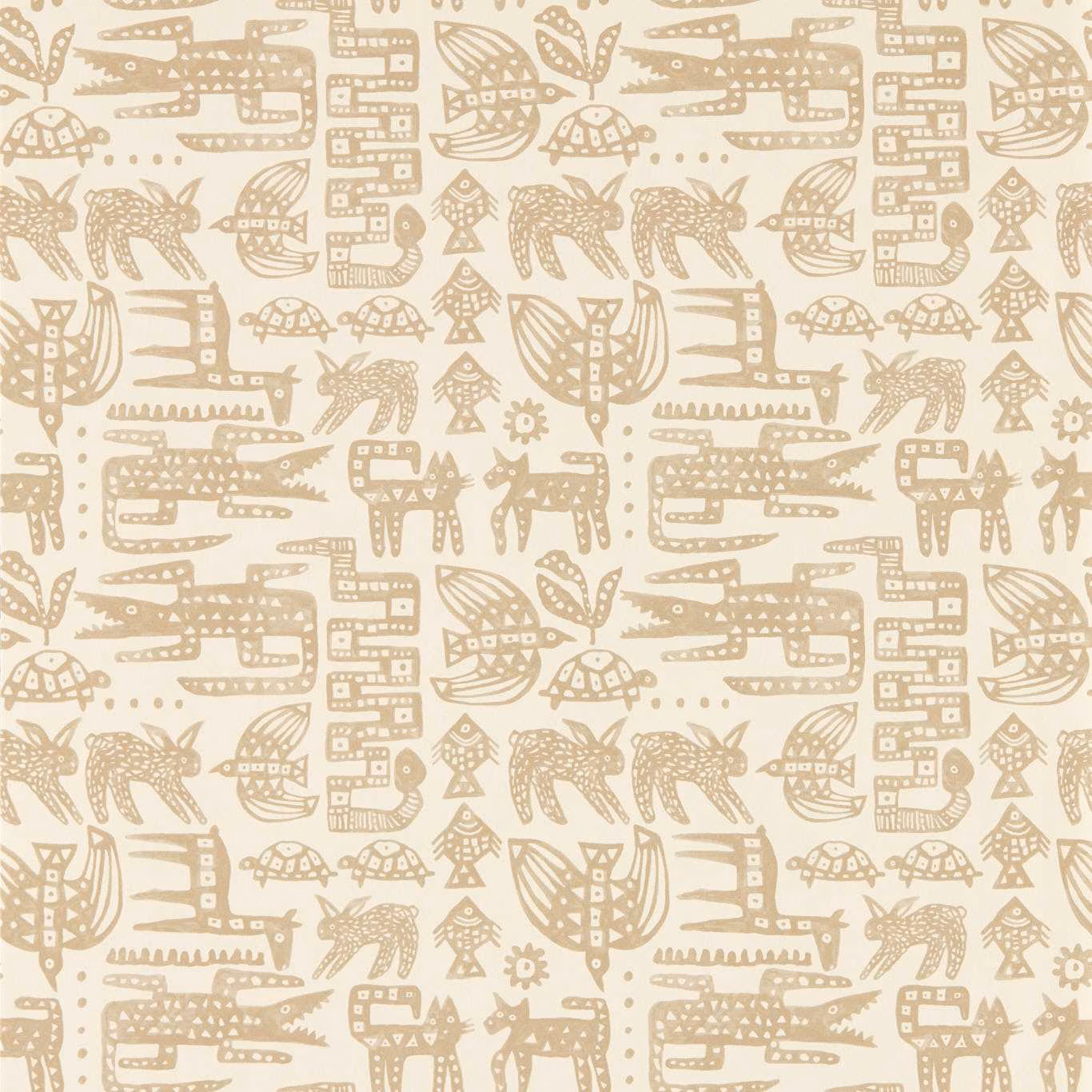 Warm cream wallpaper with muted beige folk animals, birds and geometric marks