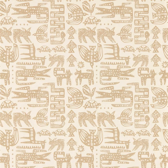 Warm cream wallpaper with muted beige folk animals, birds and geometric marks