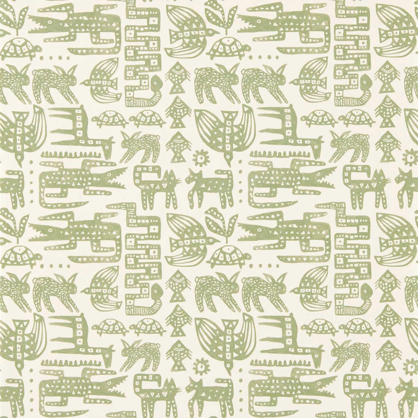 Soft sage animal and foliage print on a warm ivory wallpaper ground