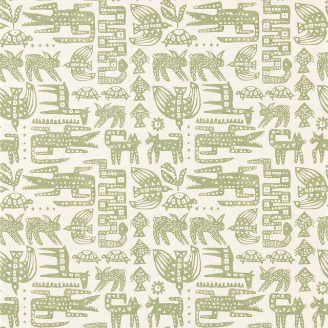 Soft sage animal and foliage print on a warm ivory wallpaper ground