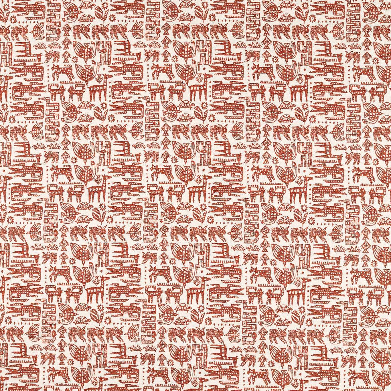 Warm ivory fabric with dense brick-red animals, leaves and geometric marks