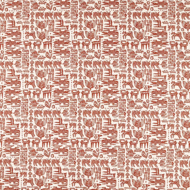 Warm ivory fabric with dense brick-red animals, leaves and geometric marks