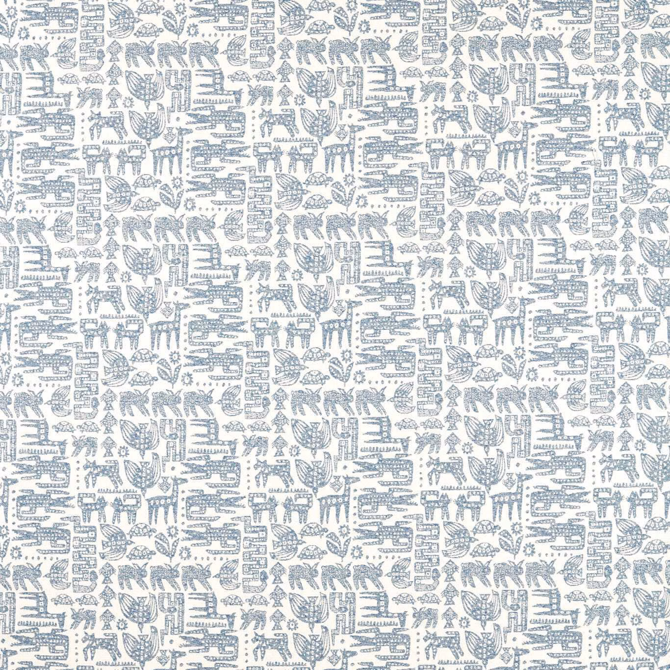 Misty blue-grey folk animals and foliage woven across an ivory ground