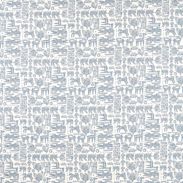Misty blue-grey folk animals and foliage woven across an ivory ground