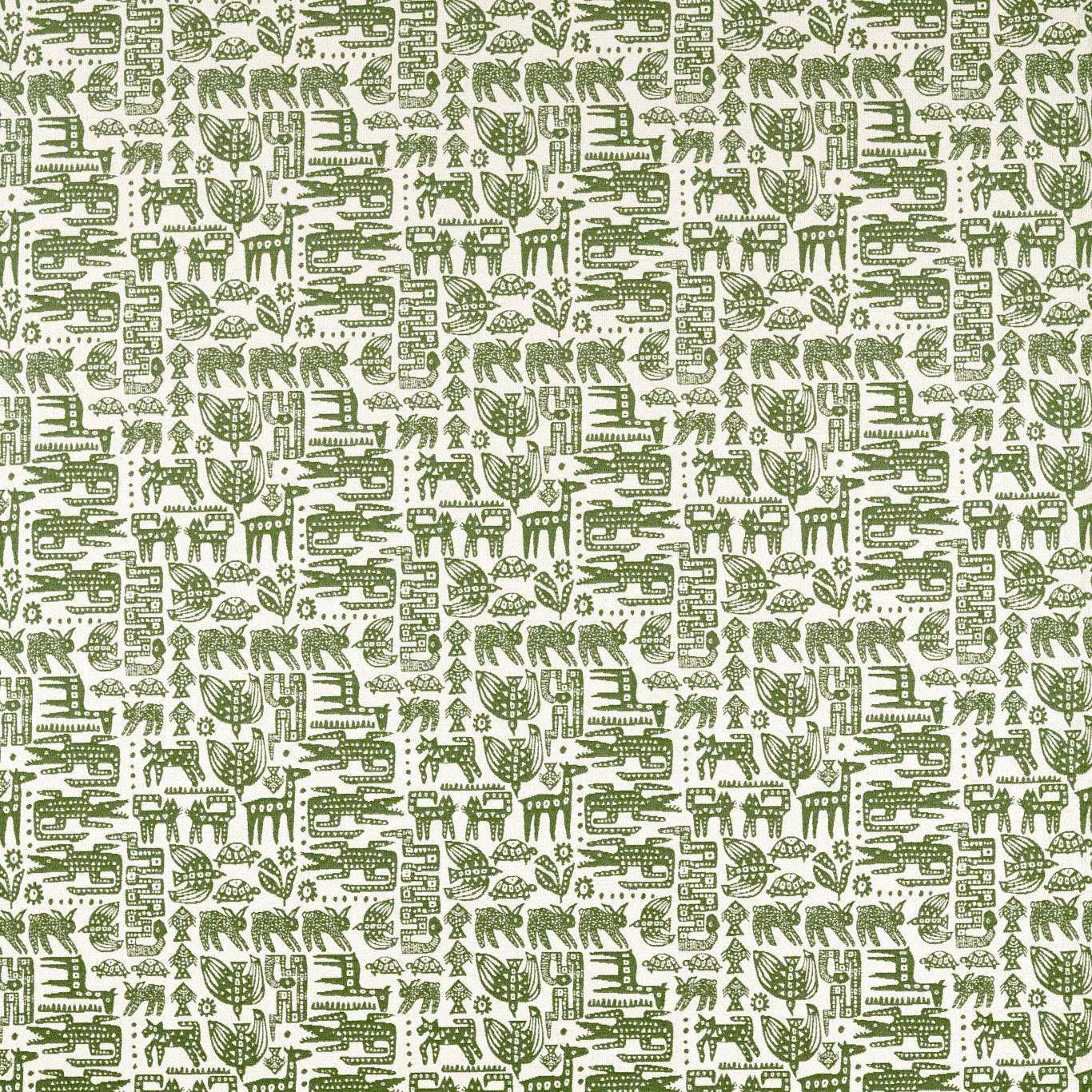 Muted pine green and cream woven fabric with dense botanical and animal motifs