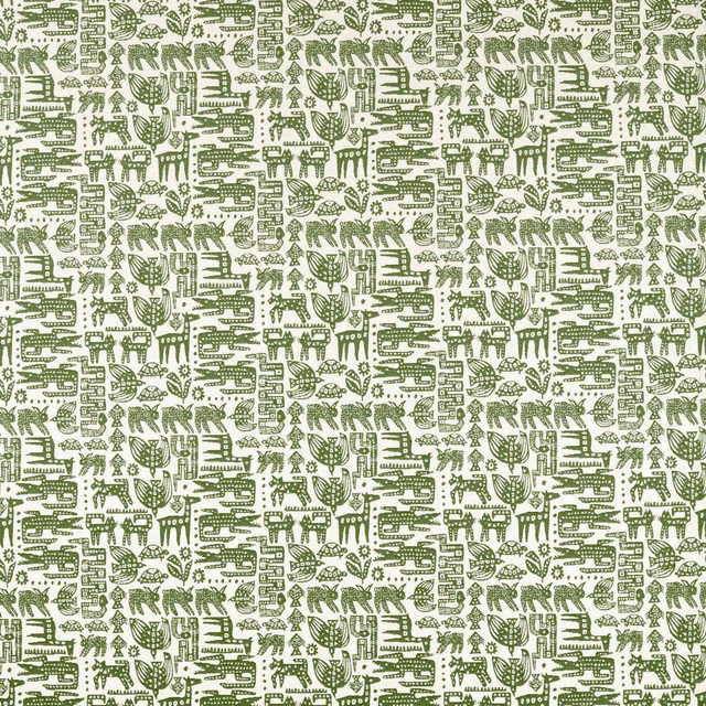 Muted pine green and cream woven fabric with dense botanical and animal motifs