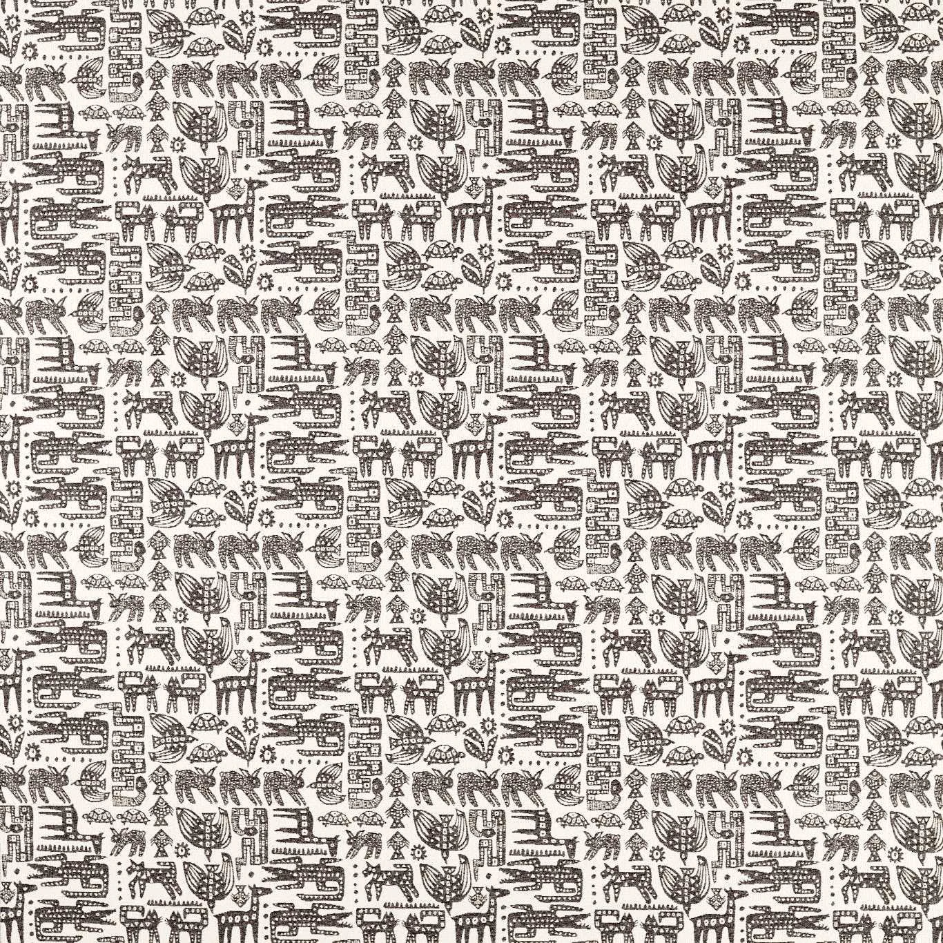 Slate-grey woodland animals and botanical motifs repeat across a warm cream ground
