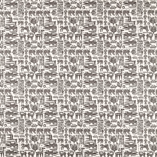 Slate-grey woodland animals and botanical motifs repeat across a warm cream ground