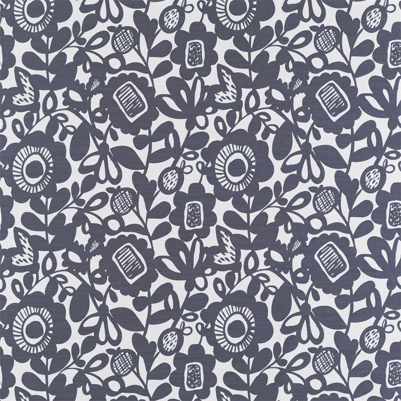 Ink-blue botanical flowers and leaves in a dense repeat on an ivory ground