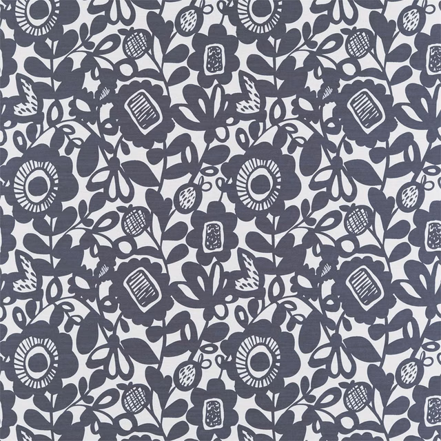 Ink-blue botanical flowers and leaves in a dense repeat on an ivory ground