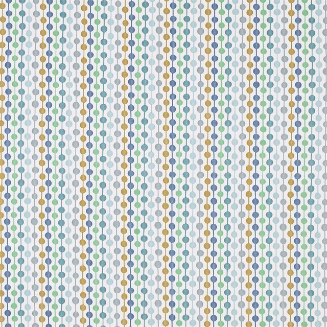 Pale woven fabric with jade, forest, denim and mustard vertical dot rows