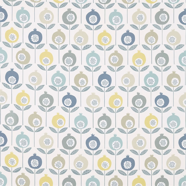 Cool blue-grey, aqua and lime floral stems on a pale ground