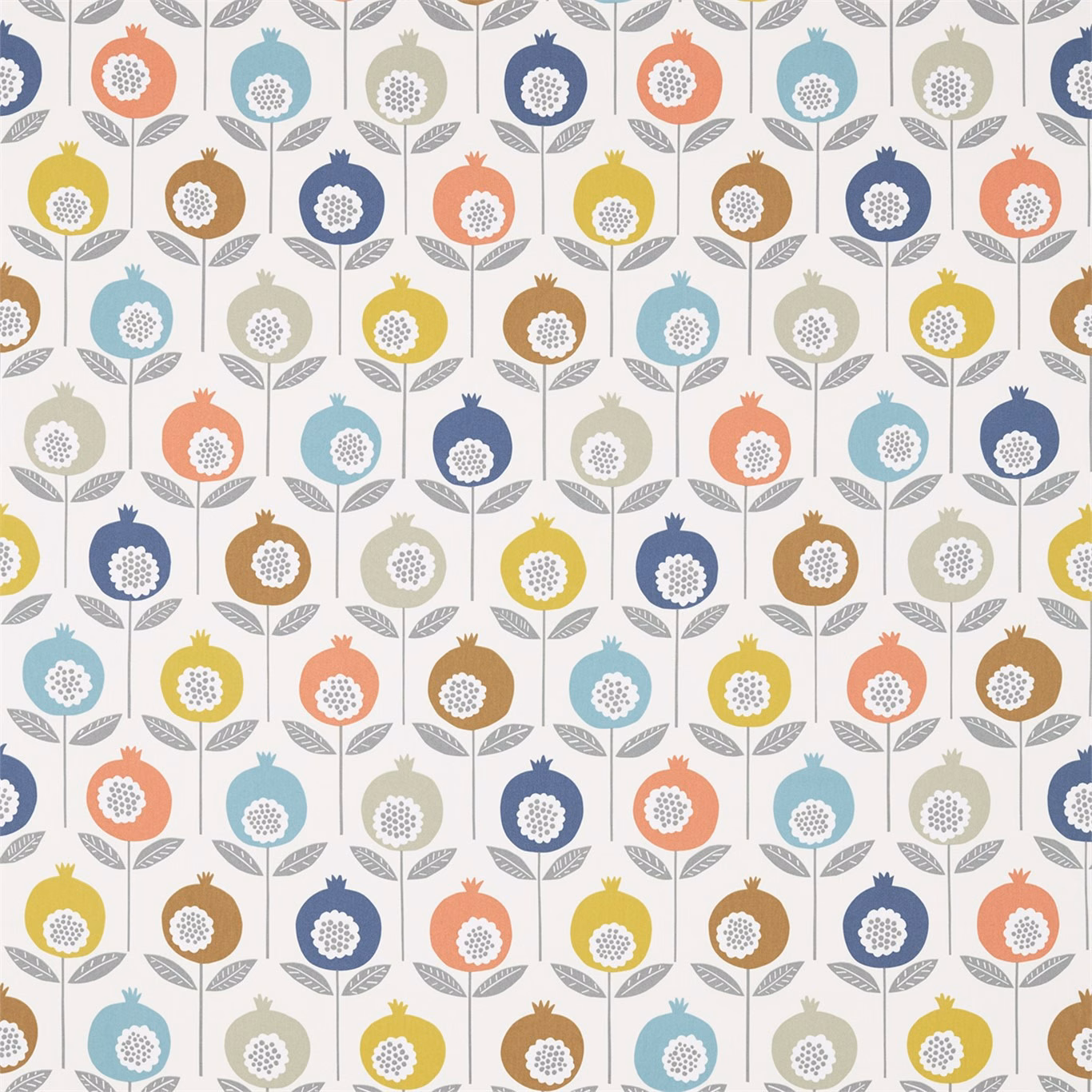 Coral, yellow, teal and ink stylised fruit motifs on a pale ground