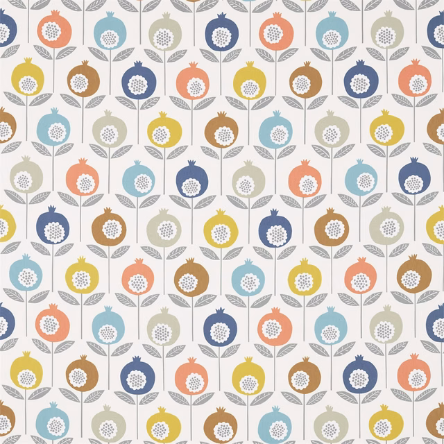 Coral, yellow, teal and ink stylised fruit motifs on a pale ground