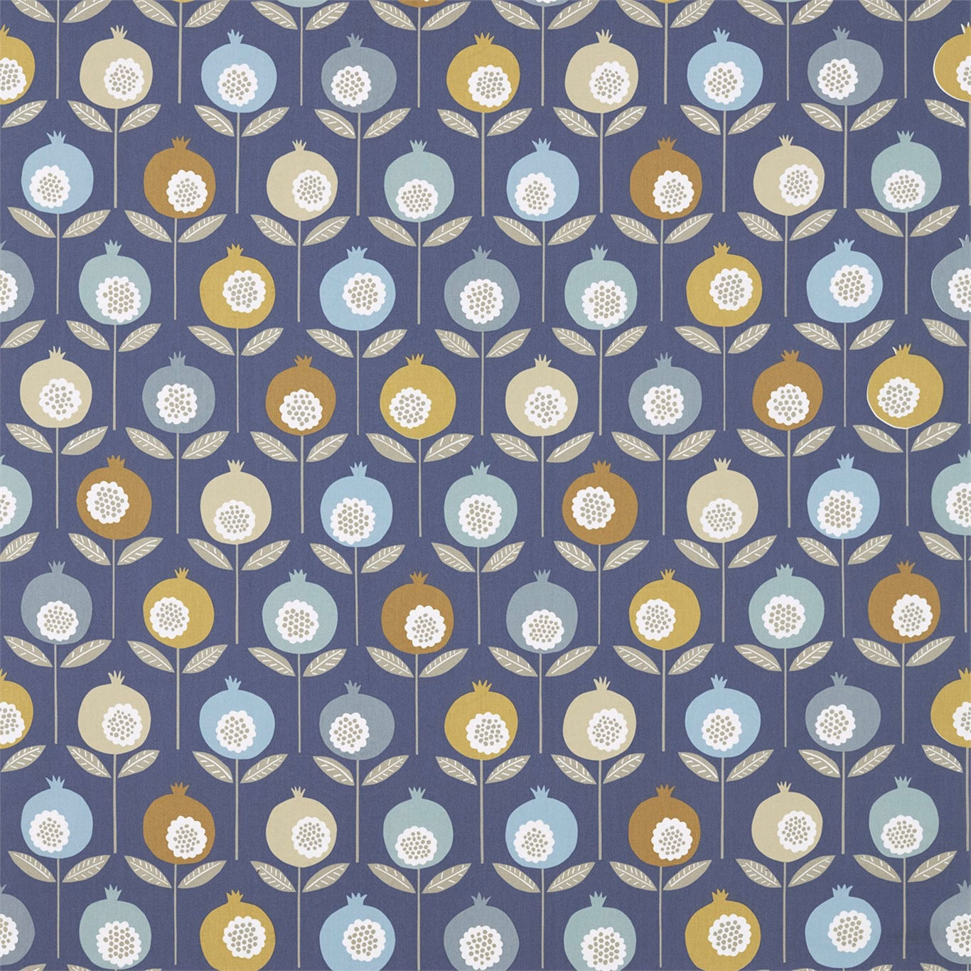 Ink blue floral fabric with sky, cinnamon, cream and pale green flower motifs