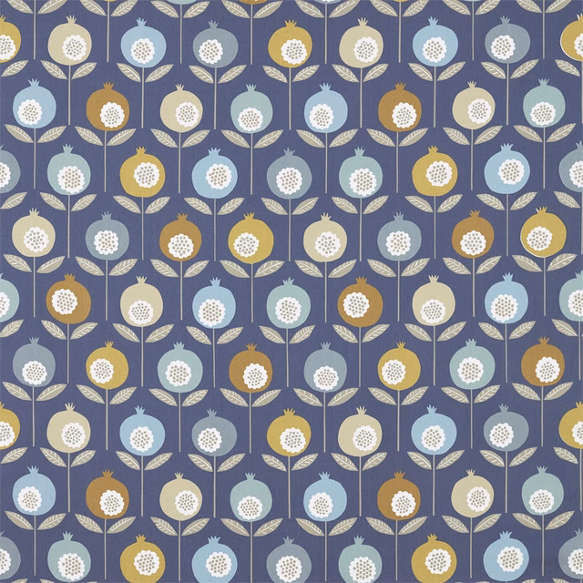 Ink blue floral fabric with sky, cinnamon, cream and pale green flower motifs