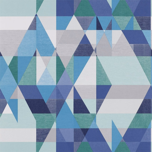 Angular sapphire, turquoise and slate triangles over pale aqua and grey ground