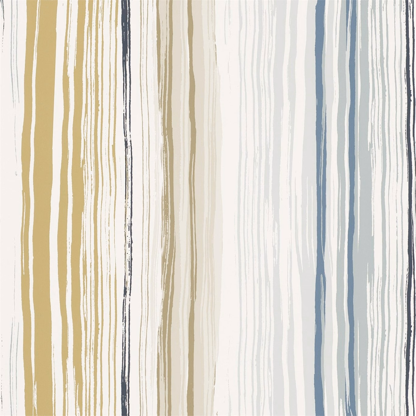 Painterly vertical wallpaper stripes in denim blue, ochre, slate and chalk white