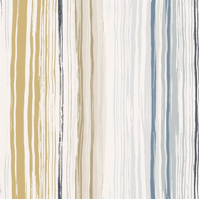 Painterly vertical wallpaper stripes in denim blue, ochre, slate and chalk white