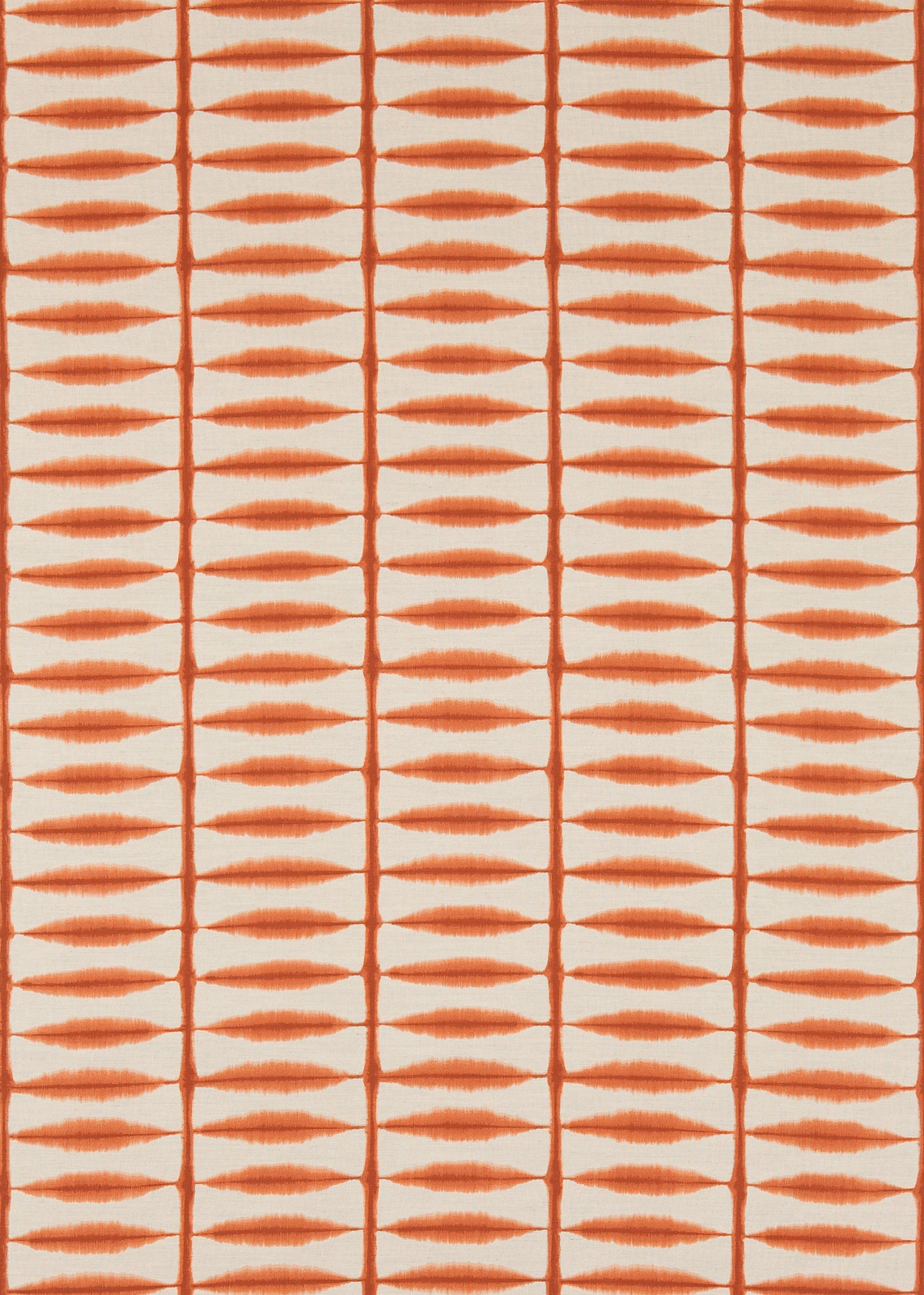 Chilli-red spindle motifs in a neat grid across a linen-toned textile