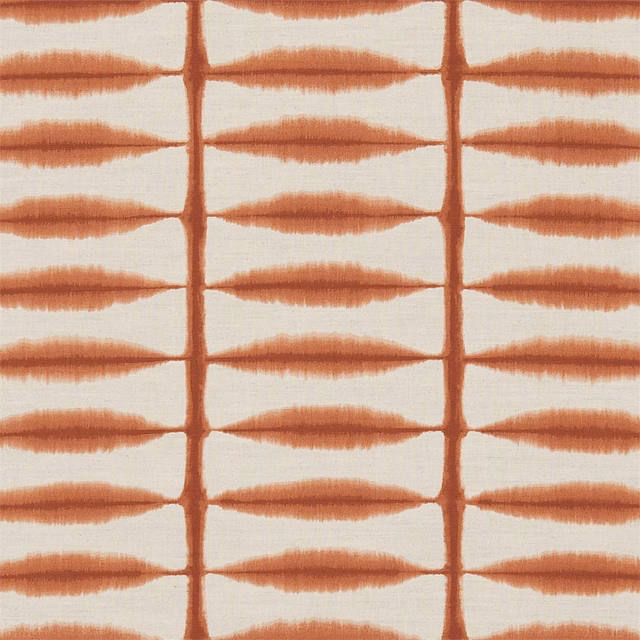 Chilli-red spindle motifs in a neat grid across a linen-toned textile