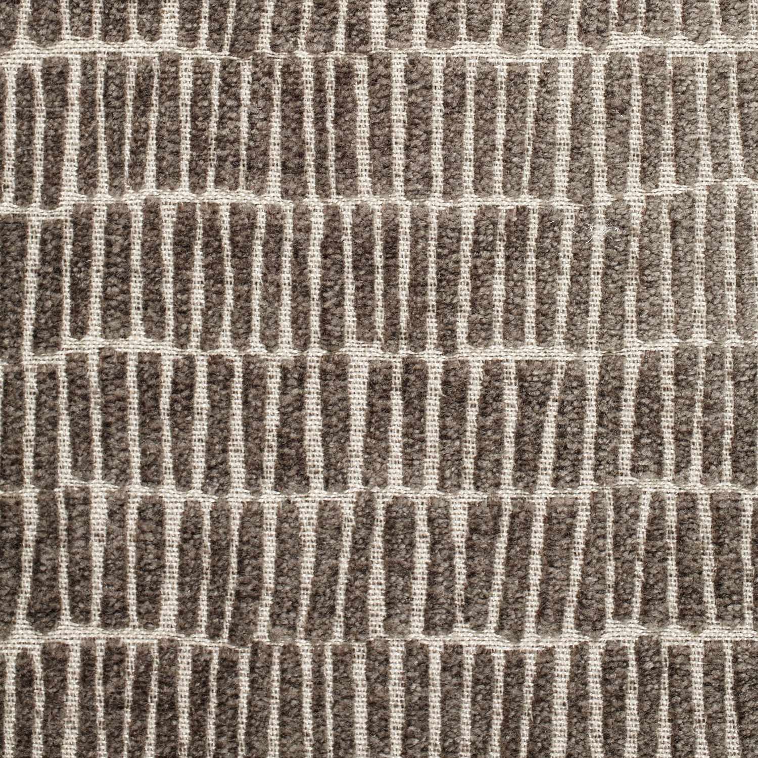 Slate-grey woven textile with ivory bars, horizontal bands and nubby geometric texture