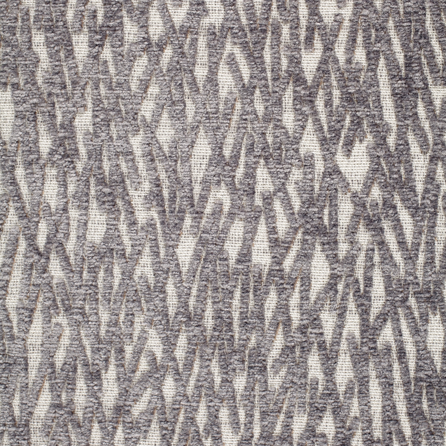Cool dove-grey woven fabric with charcoal and ivory broken leaf-like vertical marks