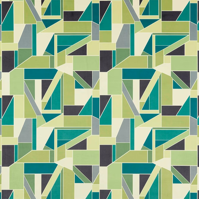 Kiwi green geometric fabric with teal, cream, grey and charcoal angular blocks