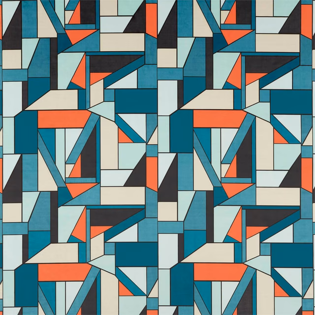 Teal, coral, cream and charcoal interlocking geometric fabric with angular blocks