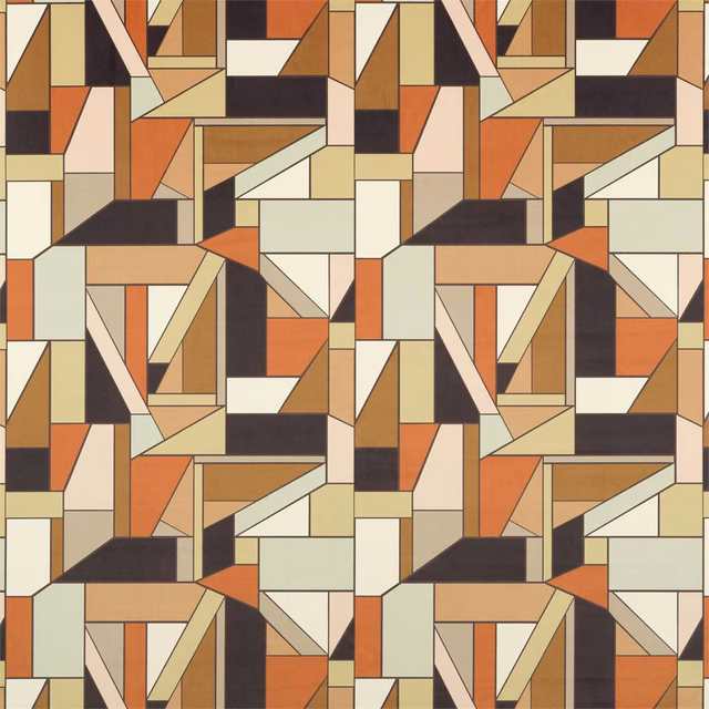 Terracotta, cream, olive and charcoal geometric fabric with interlocking angular blocks