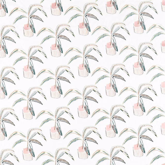 Repeating blush and brick pots with mist-green leaves on an ivory ground