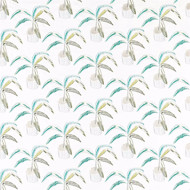 Pale botanical fabric with teal, lime and moss potted palm motifs